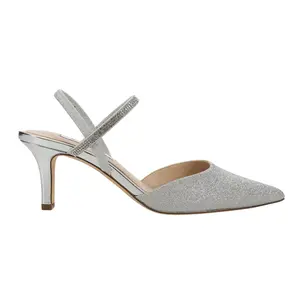 Nina Womens Billie Metallic Glitter Rhinestone Pointed Toe Slingback Pumps Dress Casual Mid Heel 2-3" - Silver