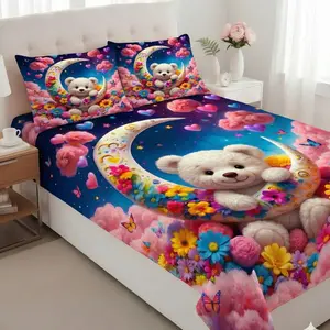 Cute Teddy Bear Printed Bedsheet, Full Size, 2 Pillow Covers