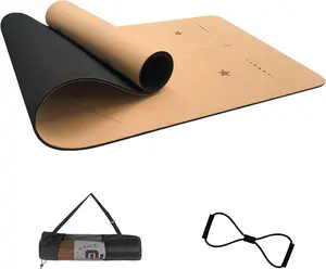 Numat Cork Yoga Mat 6mm (1/4 inch) Thick 72 x 24 in, Sweatproof NonSlip Eco-friendly, Lightweight TPE foam with Alignment Lines, Great for Hot Yoga, Pilates, Gym and Exercise, Black Carrying Bag w. Strap Included