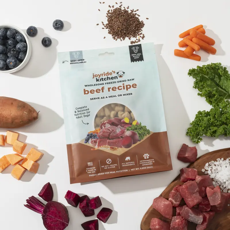 Joyride’s Kitchen Freeze-Dried Raw Beef Dog Food - Natural, 100% Real Beef, Human-Grade, Grain-Free, USA-Sourced, Vet-Formulated, with Blueberries, for All Ages (Meal Mixer, Topper)