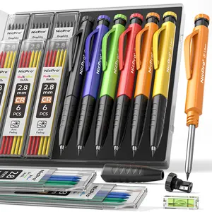 Nicpro Upgraded 3-IN-1 Carpenter Pencil Set with Finger Grip, Construction Pencils with Refill & Mini Spirit Level, Deep Hole Carpenter Tool, Mechanical Carpenter Pencil for Woodworking