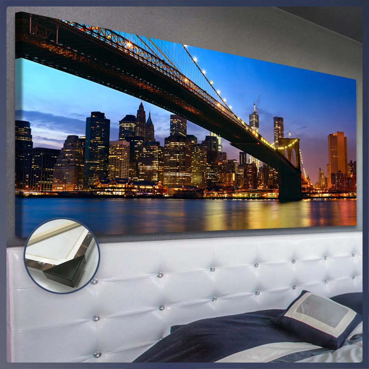 1pc Artistic Wood-Framed Anime Cartoon NY Brooklyn Bridge Night Photo Poster - 20×40in(50×100cm) HD Canvas Print, Waterproof, Odorless Vintage Wall Art, Living Room Home Decor, Gift for Decor Enthusiasts