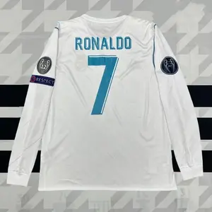 1718 Real Madrid Home Long Sleeve White No.7Ronaldo Retro Soccer Jersey