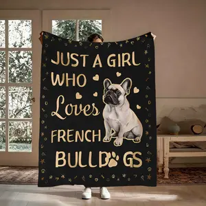 Frenchie Girl Flannel Animal Motif Throw - Fluffy Fabric Soft Warm Sofa Bed Blanket, Black Gold Aesthetic Decor, Cozy Travel Office Nap Cover, Dog Lover Gift for Her, Animal Motif Throws, Fluffy Fabric Throws