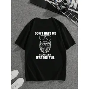 Funny Men's Don't Hate Me Because I'm Beardifu T-Shirt,100% Cotton Casual Round Neck Short Sleeve Tee with Beard & Fashion Glasses Print,Humorous Slogan for Bearded Men, All-seasons Fit & Machine Washable