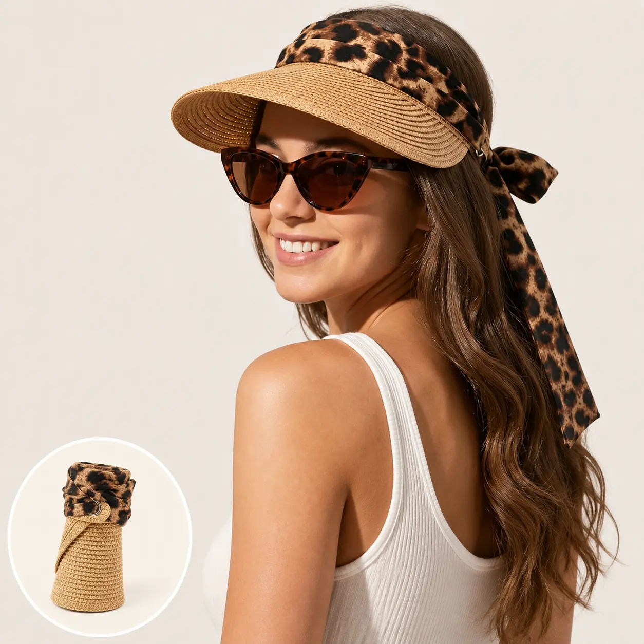 Women’s Foldable Straw Sun Visor Hat with Detachable Printed Scarf, Wide Brim Open Top Beach Hat, Adjustable Packable Summer Hat for Beach, Travel, Resort, Cruise, Pool & Outdoor, Khaki