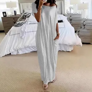 Women’s Loose Batwing-Sleeve Short-Sleeve Off-Shoulder Maxi Dress with Pockets, Soft Breathable Comfy All-Seasons Nightdress for Daily Wear, Vacation Outfit