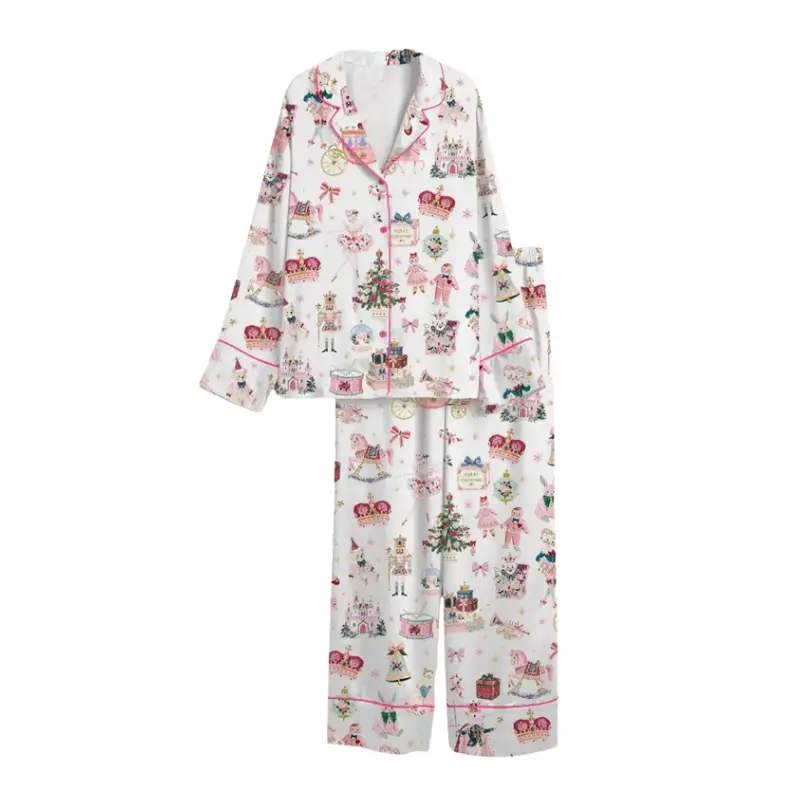 Women’s Watercolor Nutcracker Christmas Ballet Mouse King Long Sleeve Satin Pajama Set,  Print Loungewear,  Womenswear
