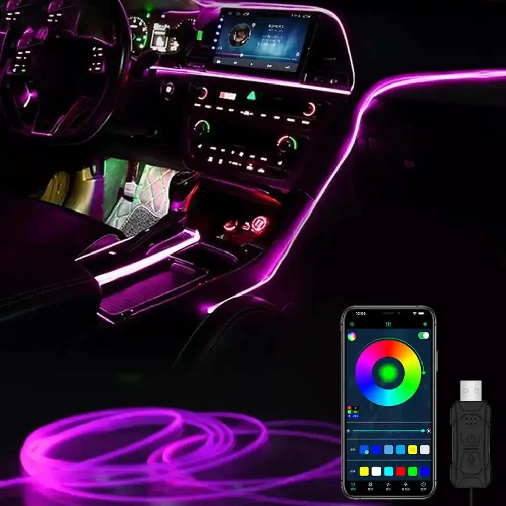 Car Interior Ambient Light, USB Powered RGB Fiber Optic Atmosphere Neon Lighting Kit with APP Remote Control, Auto Decorative Lamp