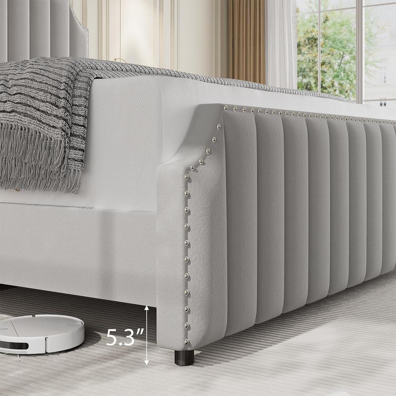 King Size Platform Bed Frame with 50.2" Tall Headboard, Velvet Upholstered Bed Frame King with Vertical Channel Tufted Headboard & Footboard, Nailhead Trim, No Box Spring Needed