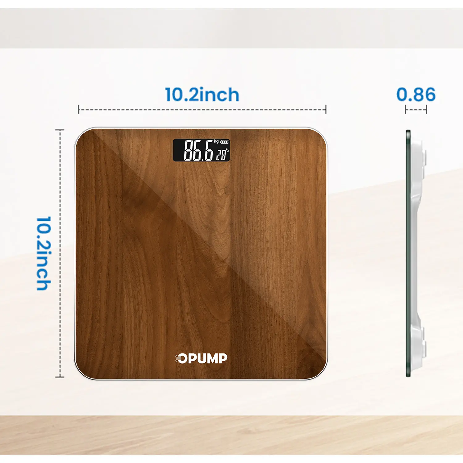 OPUMP Walnut Digital Bathroom Scale, High Accuracy Weight Scale with Backlit LED Display, Portable for Home Use, KG, LB, ST Conversion Units Healthcare