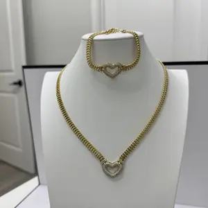 14k Gold Layered Heart Set - Necklace & Bracelet with Sparkling Stones & Detailed Heart Pendant