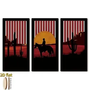 3-Piece Western Cowboy Wooden Wall Decor, Desert Cactus Sunset Art, Hollow Design, Vintage Southwest Theme, Living Room, Bedroom, Private Lounge