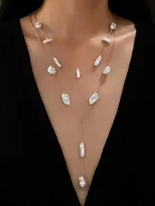 Elegant Pearl Necklace Long Chain, Versatile Wear Sweater Chain, Unique Design Light Luxury Clavicle Chain, Stylish Neck Jewelry