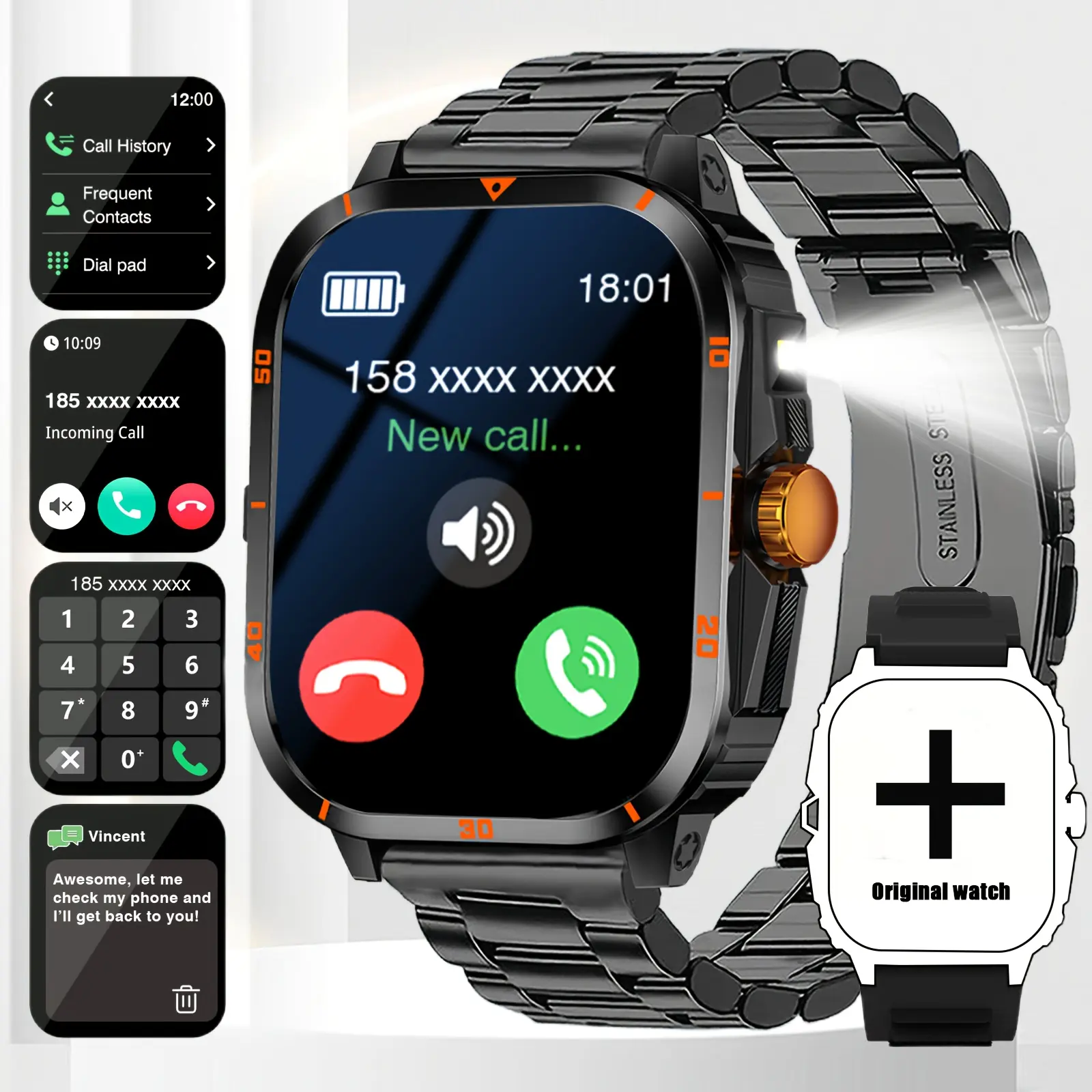 The Latest Smartwatch Features A Full Touchscreen, Supports Wireless Calls and Text Messages, and Offers Various Functions Such As A Fitness Tracker, Alarm Clock, Calculator, Calendar, and Weather Updates. It Is Compatible with Both Android and IPhone.