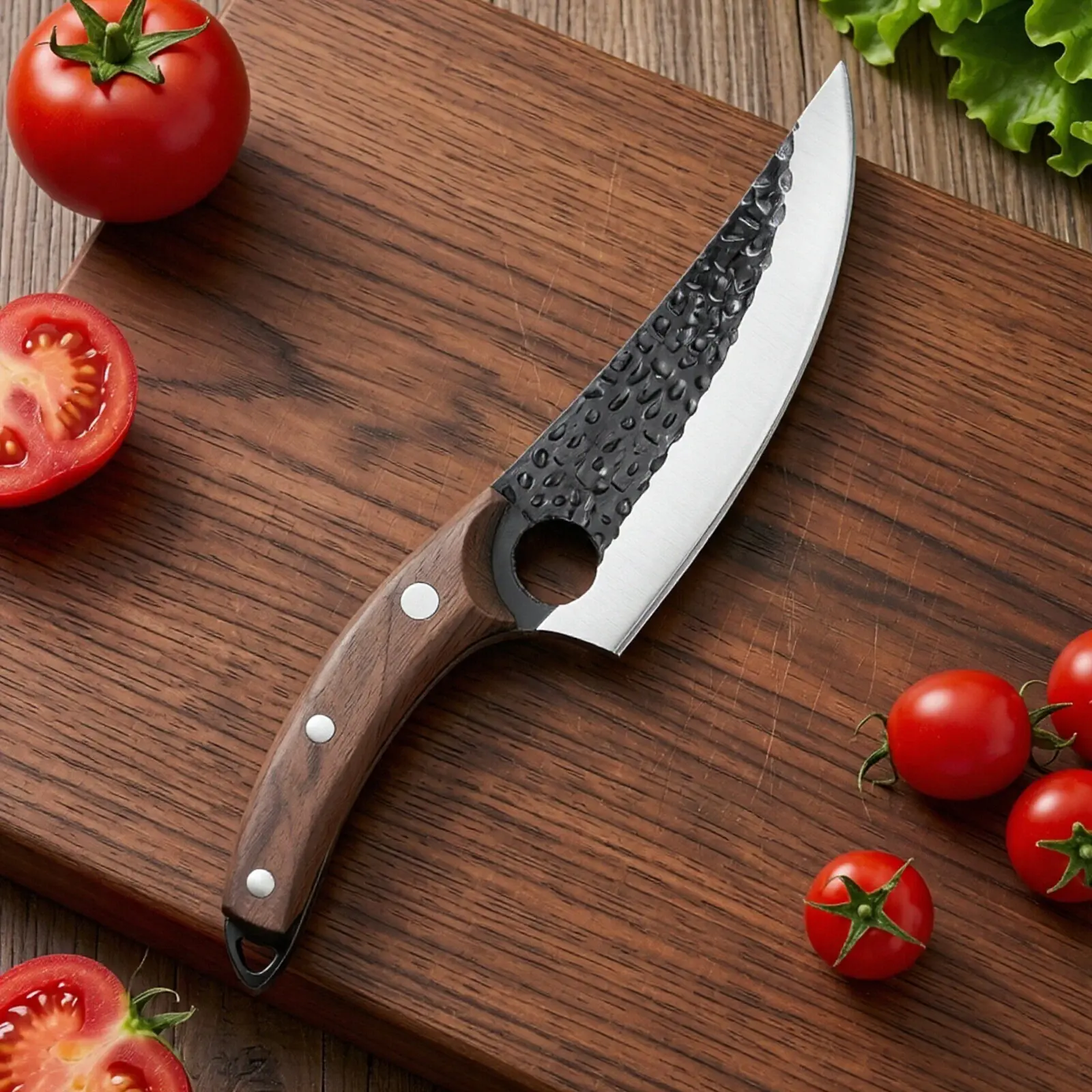 Hammered Edge Forged Butcher Knife with Wooden Handle, Sharp Blade Multipurpose Tool for BBQ, Kitchen Prep, Slicing Beef & Vegetables (Ideal for Knives Sharpening Maintenance)