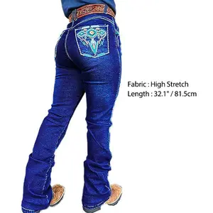 Flamingals Wash Geo Embroidery Mid Rise Bootcut Jeans Without Belt High Stretch Fabric 32.1" Length All Seasons Style
