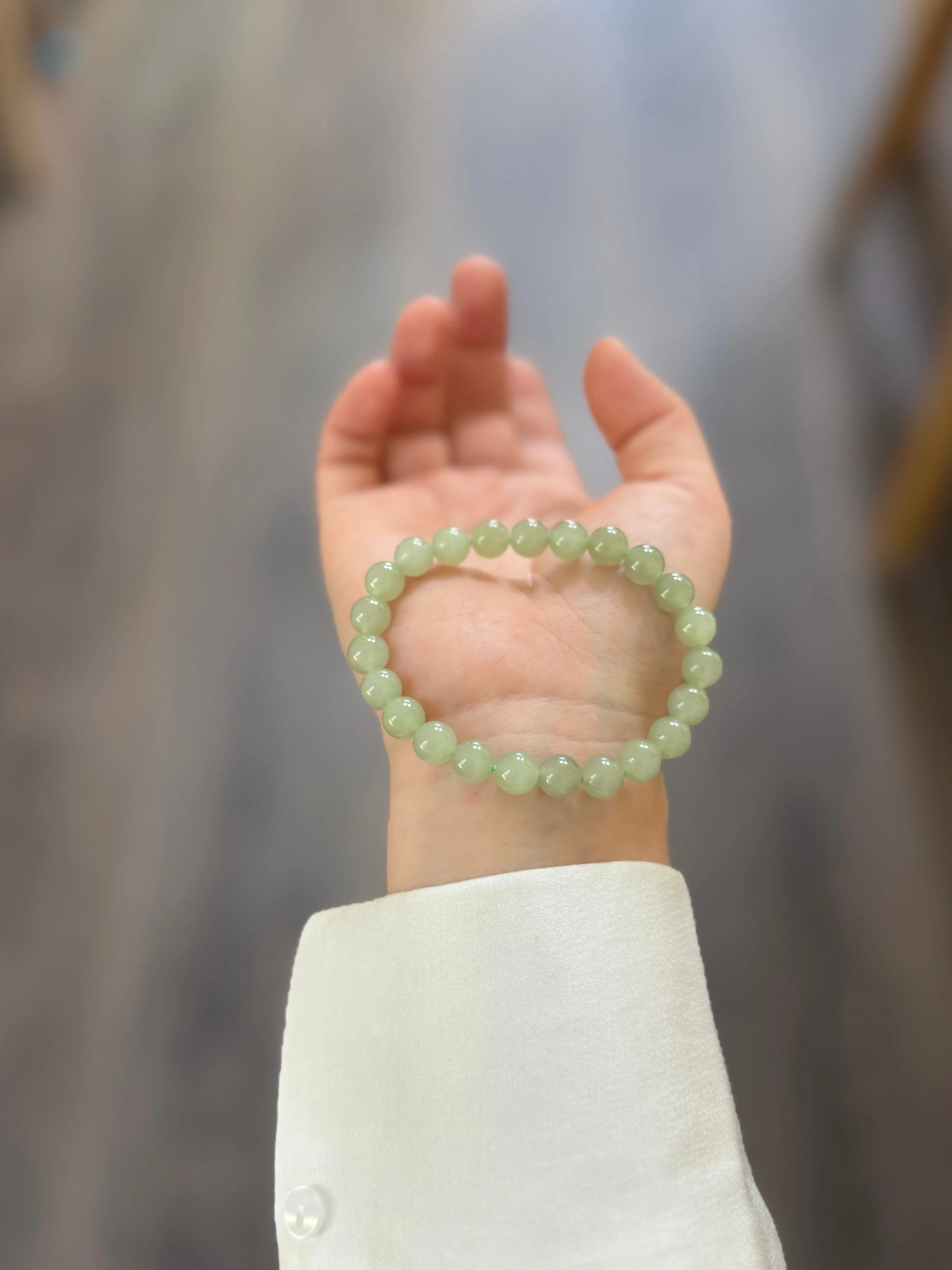 Light Green Natural Hetian Jade Beaded Bracelet, Authentic Nephrite Jade