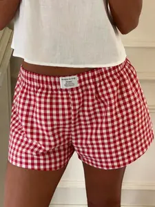 Retro plaid home Loungewear shorts - women's red and white plaid shorts, letter waist logo elastic waist shorts, women's Y2K Preppy style casual summer hot pants, pajamas shorts, lightweight and breathable casual home beach shorts