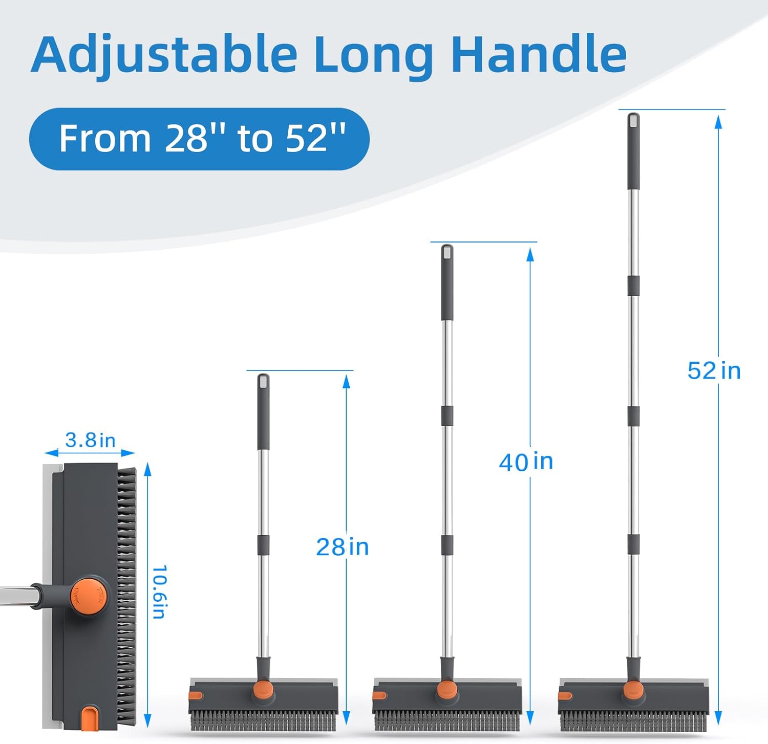 360° Floor Scrub Brush with Squeegee, Long Handle Grout Brush, Stiff Bristle Shower Scrubber for Cleaning Bathroom, Kitchen, Deck, Tile Floor, Patio & Baseboards, Heavy Duty Cleaning Tool