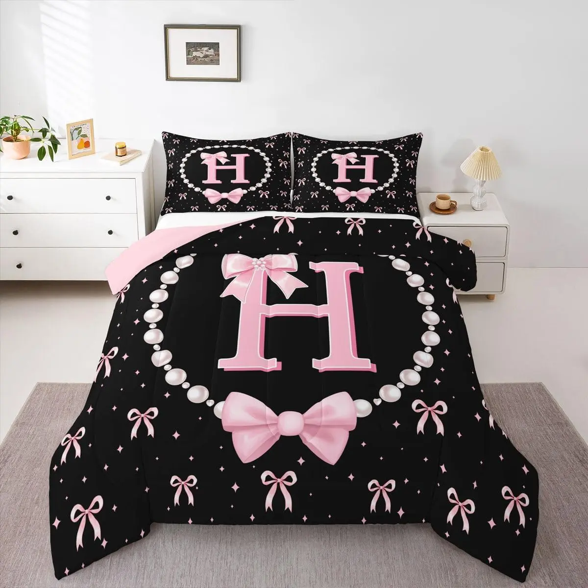 Pink and Black Bow Initial Comforter Set - Monogrammed H Ribbon Bows Bedding Sets Cute Preppy Bowtie Bed Set,Coquette Room Decor with 1 Pillowcase