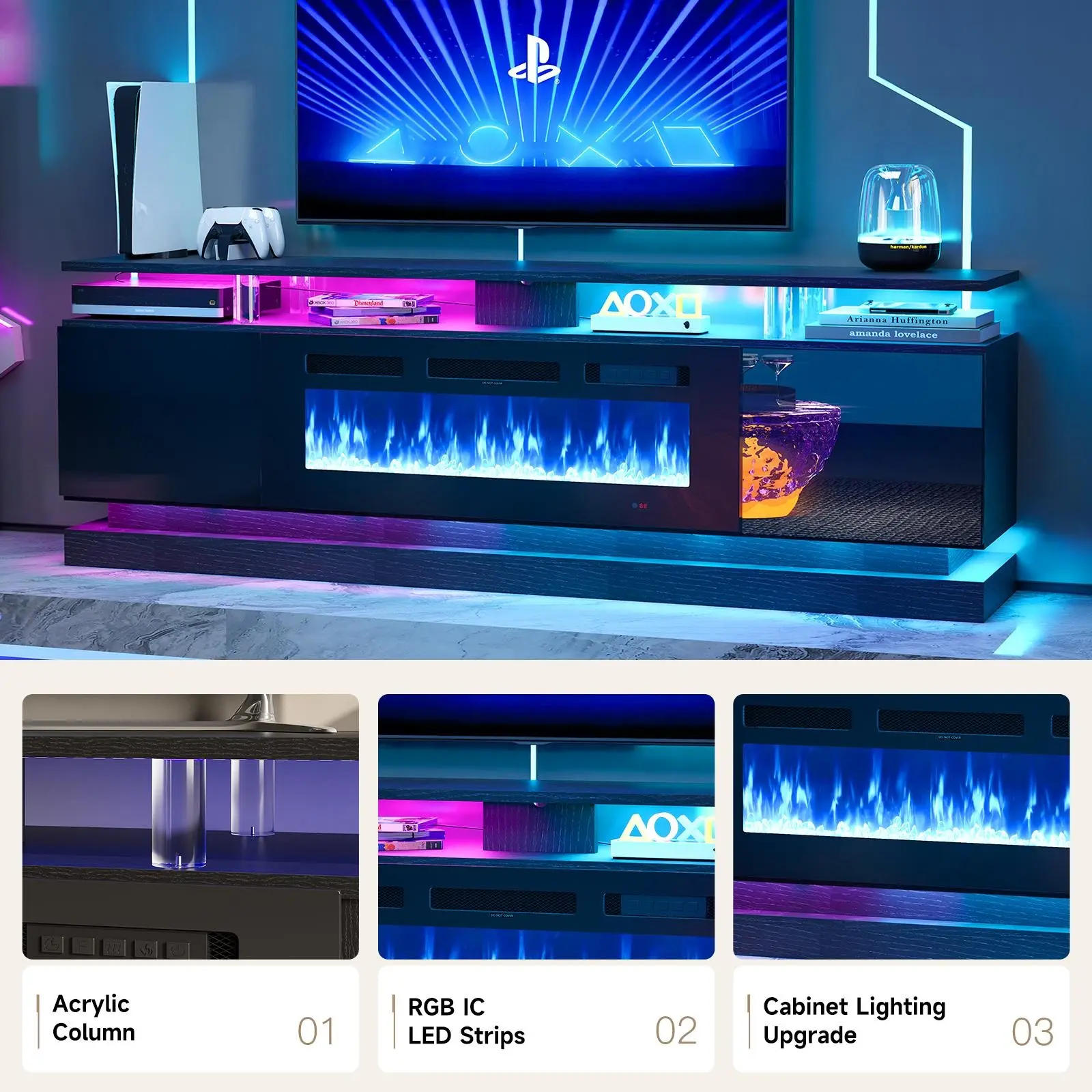 【2 Packages Shipping】70" Fireplace TV Stand Modern Entertainment Center for TVs Up to 80" with Storage Cabinets & Adjustable Flame Multicolor Modes Black & White Electric Fireplace, Led Tv Stand, Tv Console Table,summerwins