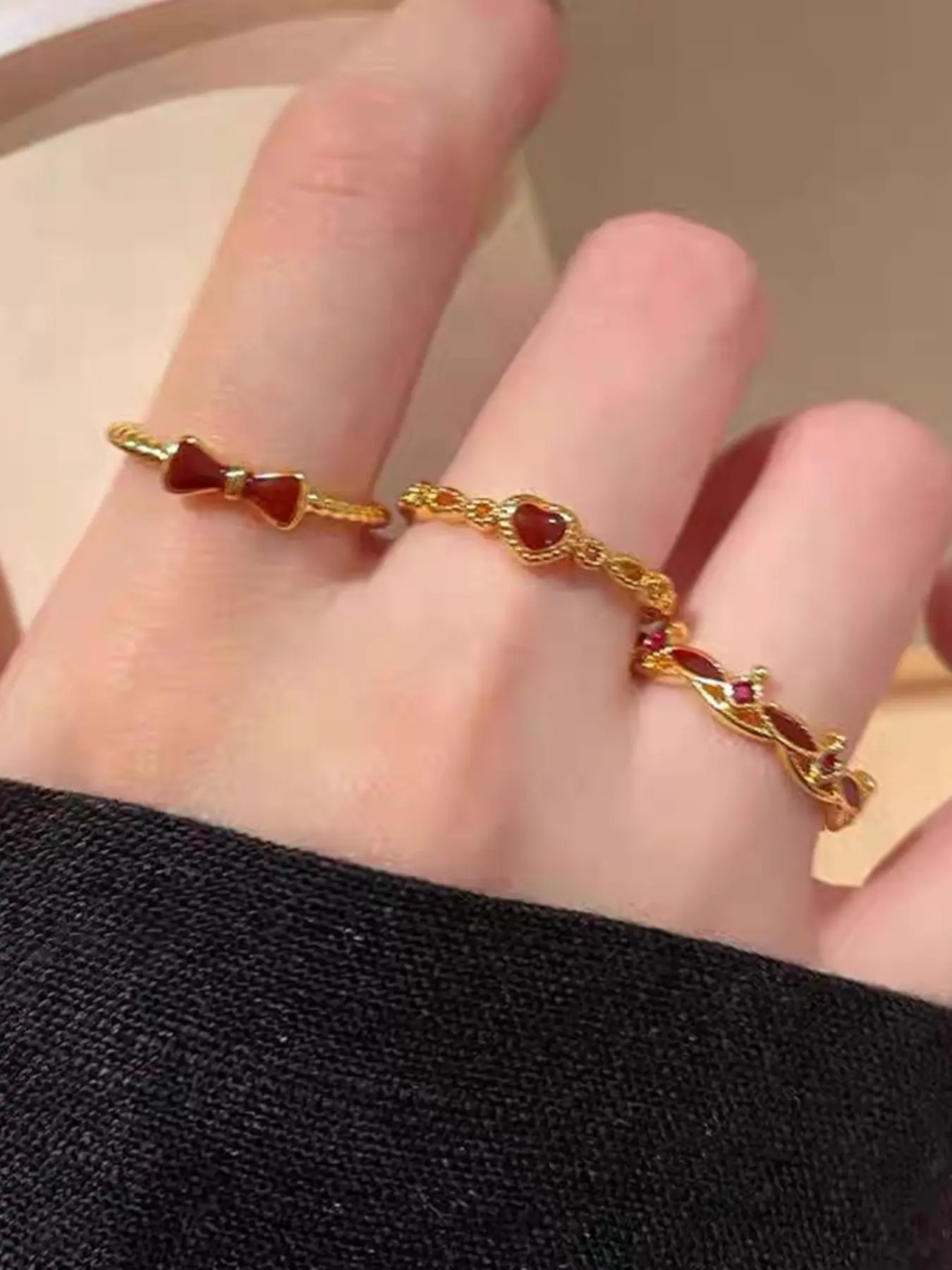 Three retro, elegant, and sweet-looking bow design wine red oil drip high-end fashionable rings are suitable for ladies to wear on daily festivals and parties Beautiful Rings Stackable finger rings