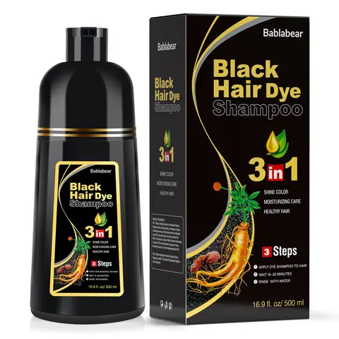 Bablabear 3-in-1 Alcohol-Free Black 500ml Hair Dye Shampoo for Female Adults - Herbal Haircare, Ginseng Extract, Gray Coverage, Natural Plant-Based Color & Care, 500ml Hair Darkening/Grey Darkening Shampoo, 36-Month Shelf Life