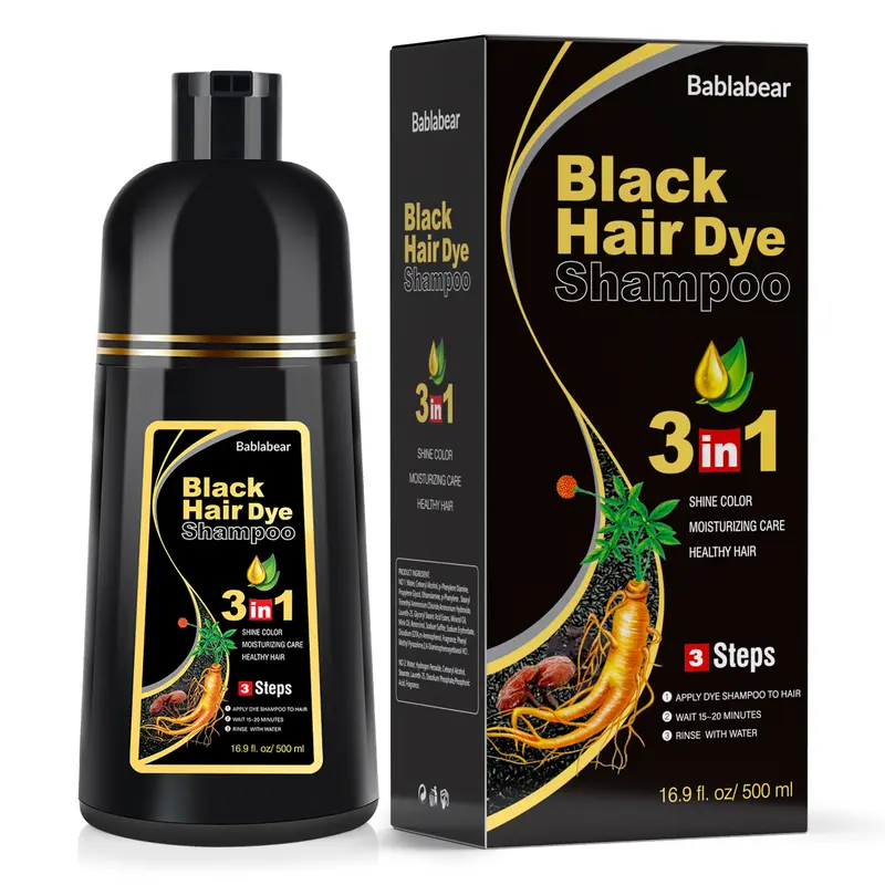 Bablabear 3-in-1 Alcohol-Free Black 500ml Hair Dye Shampoo for Female Adults - Herbal Haircare, Ginseng Extract, Gray Coverage, Natural Plant-Based Color & Care, 500ml Hair Darkening/Grey Darkening Shampoo, 36-Month Shelf Life