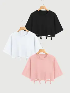 2026 Distressed Cut Out Fringe Crop Top for Women, 3 Pack Solid Color Drop Shoulder Short Sleeve T Shirts with Tassel Detail, Y2K Grunge Casual Tees, Streetwear Punk Tops for Daily Outings, Casual Streetwear Look, Summer Fashion