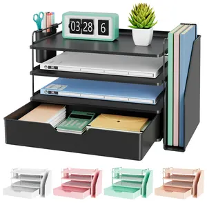3 Tier File Organizer 3 Pack, Black Desk Paper Tray Organizer Set, Stackable Office File Storage Rack for Letter Size Documents, Mail, Books and Supplies, Durable Metal Desk Organizer for Home, School and Office Workspace