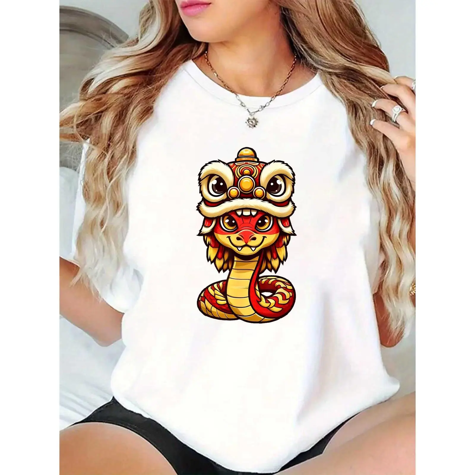 Women's 100% Cotton Crew Neck Tshirt - Loose-Fitting, Lightweight Breathable Casual Daily Wear with Cute Lunar New Year Lion Dance Serpent Cartoon Print, Festive Red Gold Design, Tops, Comfortable, Round Neck, Graphic Tee