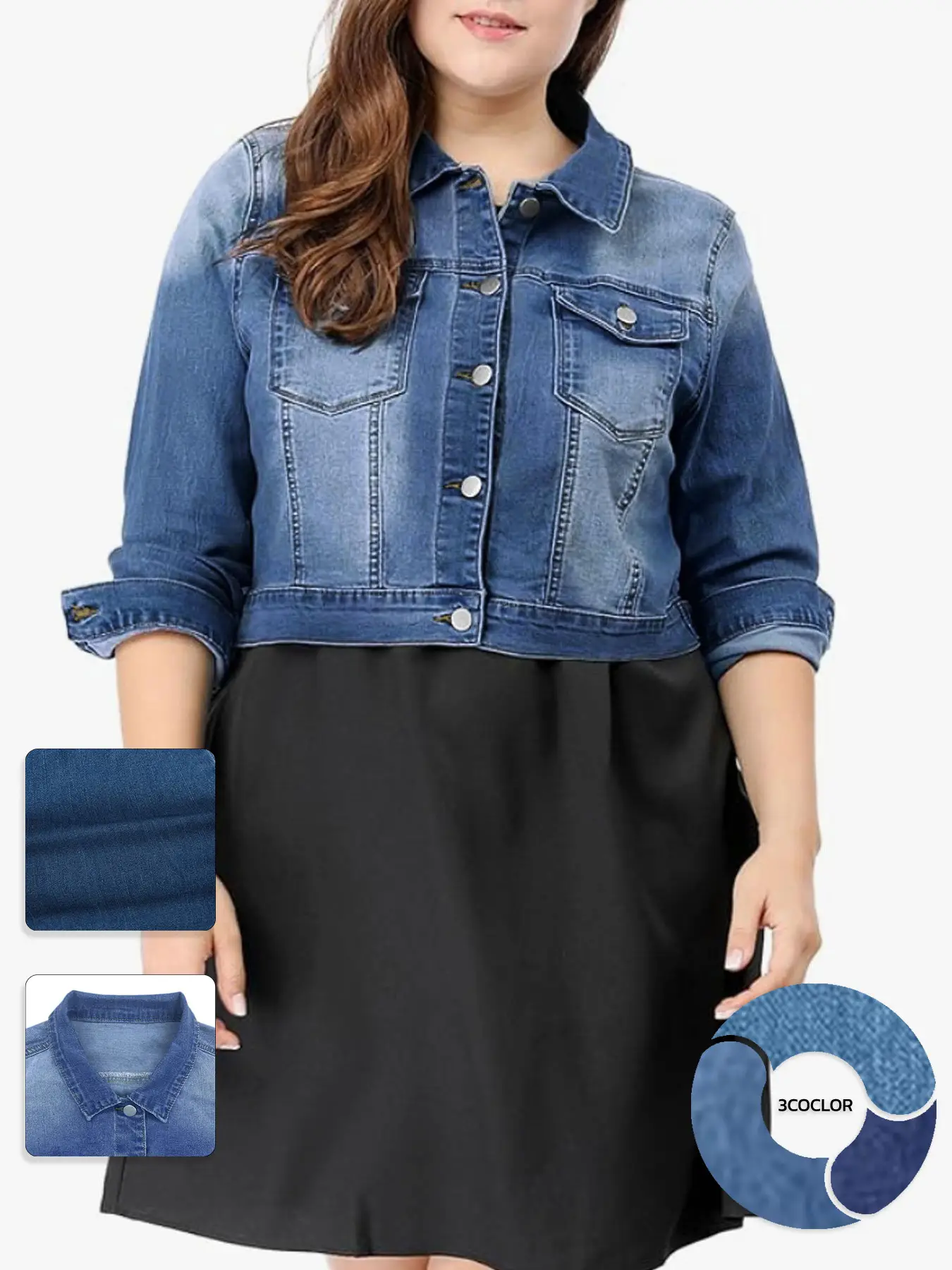 【Plus Size】 Faded Button Front Pocket Denim Jacket, Casual Long Sleeve Collared Outerwear, Women's Plus Size Clothing for Daily Wear, Clothing for Wom