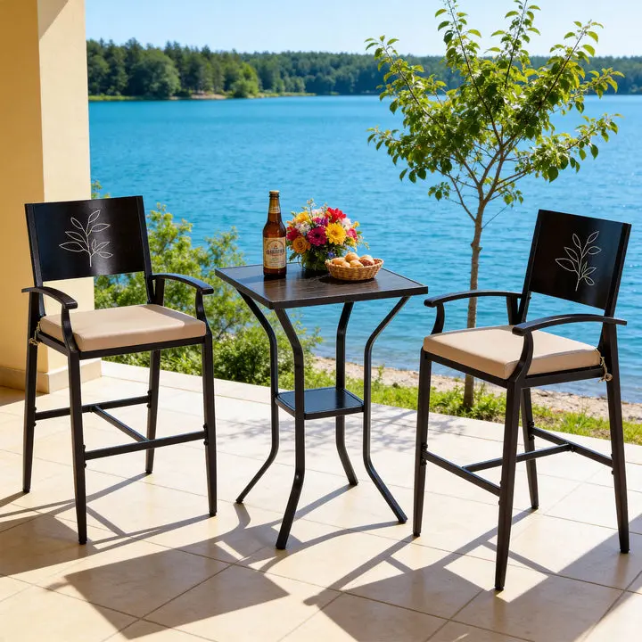 ZZWHOM Commercial Restaurant 3-Piece High-Top Bistro Set, Durable Waterproof Adjustable All-Weather Metal Barstools with Table for Patio, Poolside (Black) Outdoor Furniture