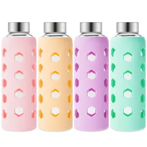 Mrsdry Glass Juice Bottles with Lids and Silicone Sleeves 18 oz, 4-Pack Reusable Clear Glass Water Bottles with Stainless Steel Airtight Cap for Juicing, Refrigerator, BPA Free Leak-Proof Drinking Jar