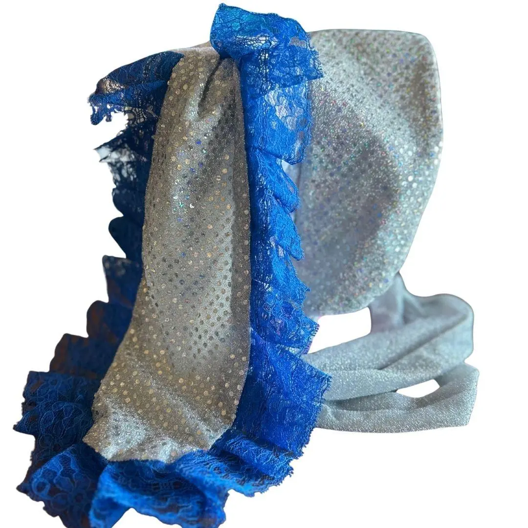 Silver Sequin & Blue Lace Bunny Bonnet – Handmade & Upcycled