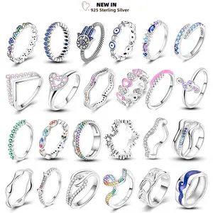 New Rings For Women 100% 925 Sterling Silver Devil's Eye Palm Pink Heart Crown Colorful Zircon Ring Fashion Engagement Jewelry