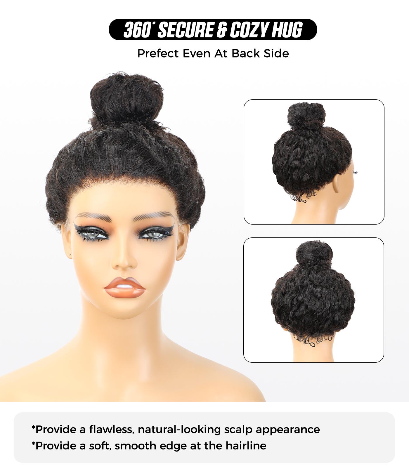 OQ HAIR Invisible Hairline 360 Skin Lace Frontal Kinky Straight Wig Human Hair Pre Cut Lace Pre Bleached Knots Wig With Drawstring Beginner Friendly