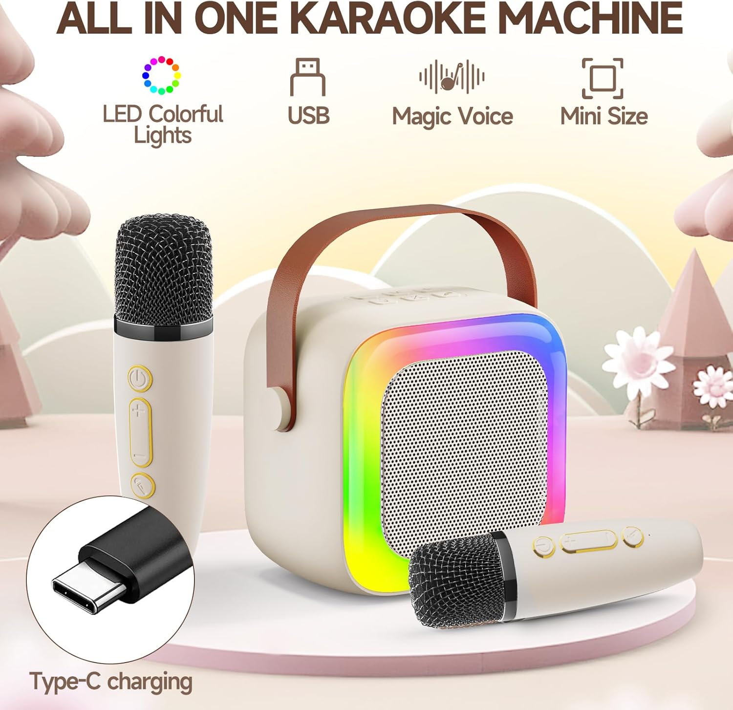 Portable Mini Karaoke Machine for Kids & Teens, Karaoke System with 2 Wireless Mics, Subwoofer Bass & LED Lights Set the Mood for Party & Home Use, Portable Karaoke Machine, Led Party Glow,back to school,back to school haul