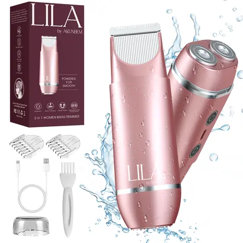 LILA by Akunbem Women's Face+Body 2-in-1 Multifunctional Hair Trimmer - Dual Heads Electric Shaver, IPX7 Waterproof, Wet/Dry Use, Lithium Ion, User-Friendly Interface, Legs & Arms Trim, Dry Shaving Solutions