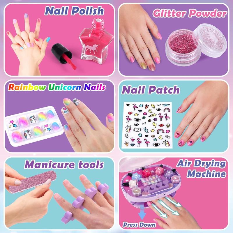 Kids Nail Polish Set for Girls, All-in-One Nail Art Kit - Nail Dryer/ Nail Polish/ Glitter Powder/ False Nails/ Nail Decals/ Toe Separator/File, Age 3-12 Little Girl Gift Toys