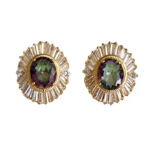 New 18K Gold Plated over 925  Silver Filled Oval Cut Mystic Topaz Baguette Diamond Stud Earrings for Women