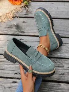 Women's Solid Color Flat Thick Sole Slip-On Shoes, Anti-Slip Rubber Sole, Casual Fashion Loafers for Spring & Fall, Daily Wear