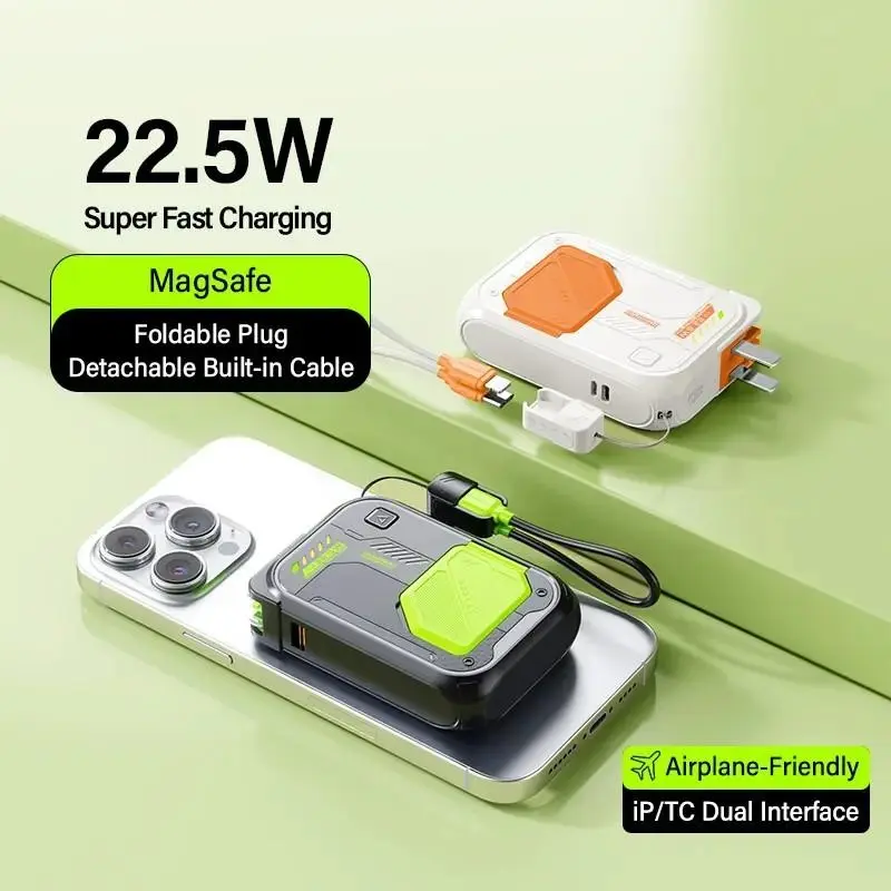 10000mAh Magnetic Wireless Portable Charger with Built-in Cable, Foldable Wall Plug, Fast Charging All-in-1 Mobile Charger for iPhone, Android - Home & International Travel Home Supplies Essential