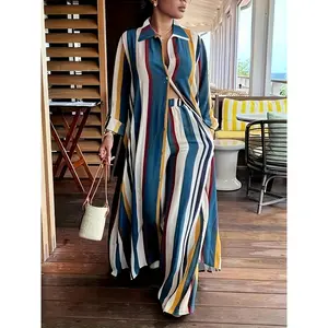 Fashionable Outfits Set - Women's Plus Striped Long Sleeve Button Up Shirt & Wide Leg Pants Outfits Two Piece Set - For Plus Size Women - Stylish & Comfortable - Perfect for Casual Wear & Parties