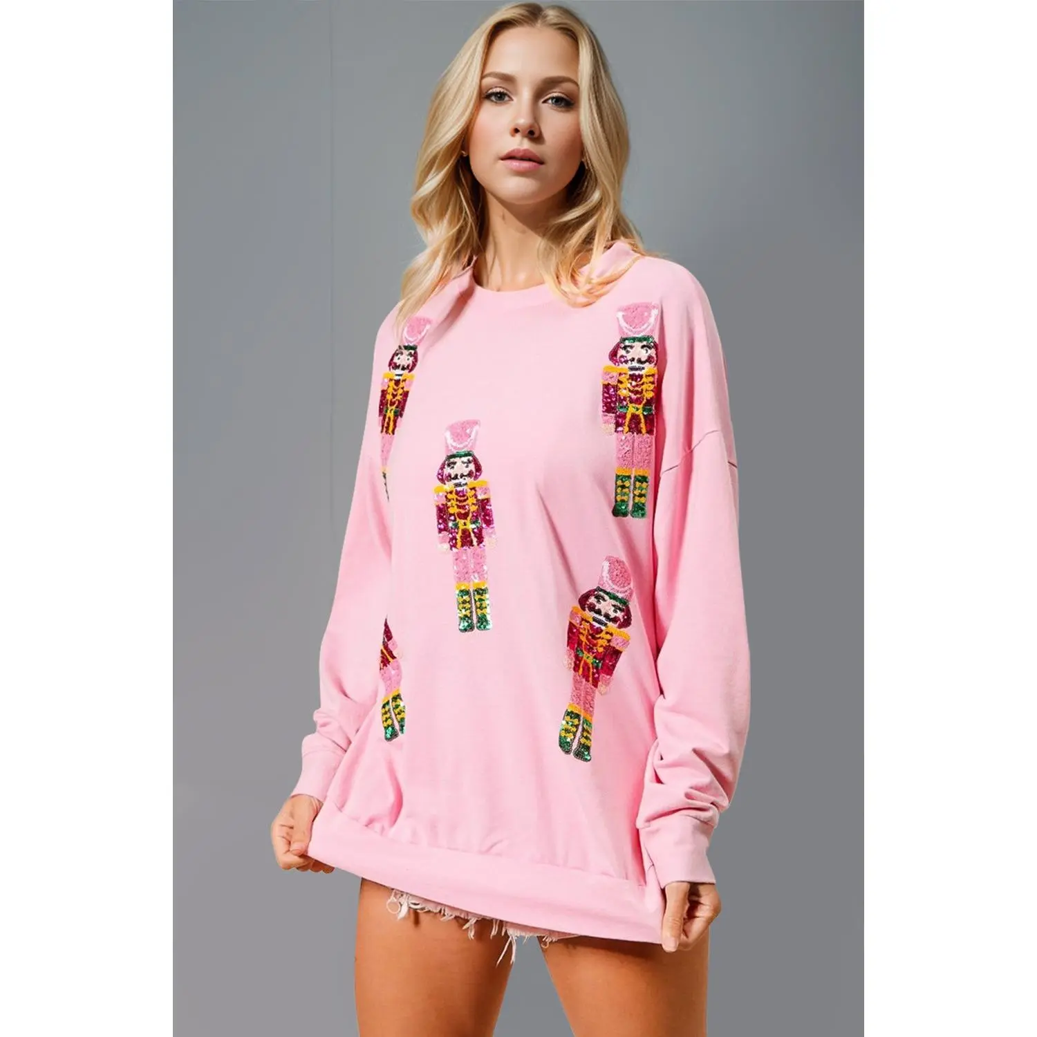 Double Take Sequin Nutcracker Round Neck Long Sleeve Sweatshirt
