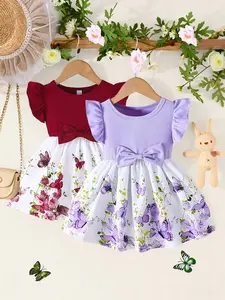 Two-Piece Baby Girl Casual Dresses, Cute Bow Colorful Floral Pattern, Fashion Comfortable Floral Printed Butterfly Dress for Home, Outdoors, Party, Holiday, Travel