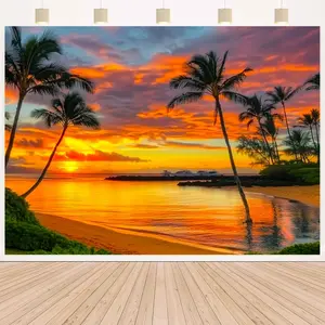 One Piece of Backdrop Featuring a Tropical Beach Sunset with Palm Trees, Suitable for Parties And Weddings, Available in Sizes