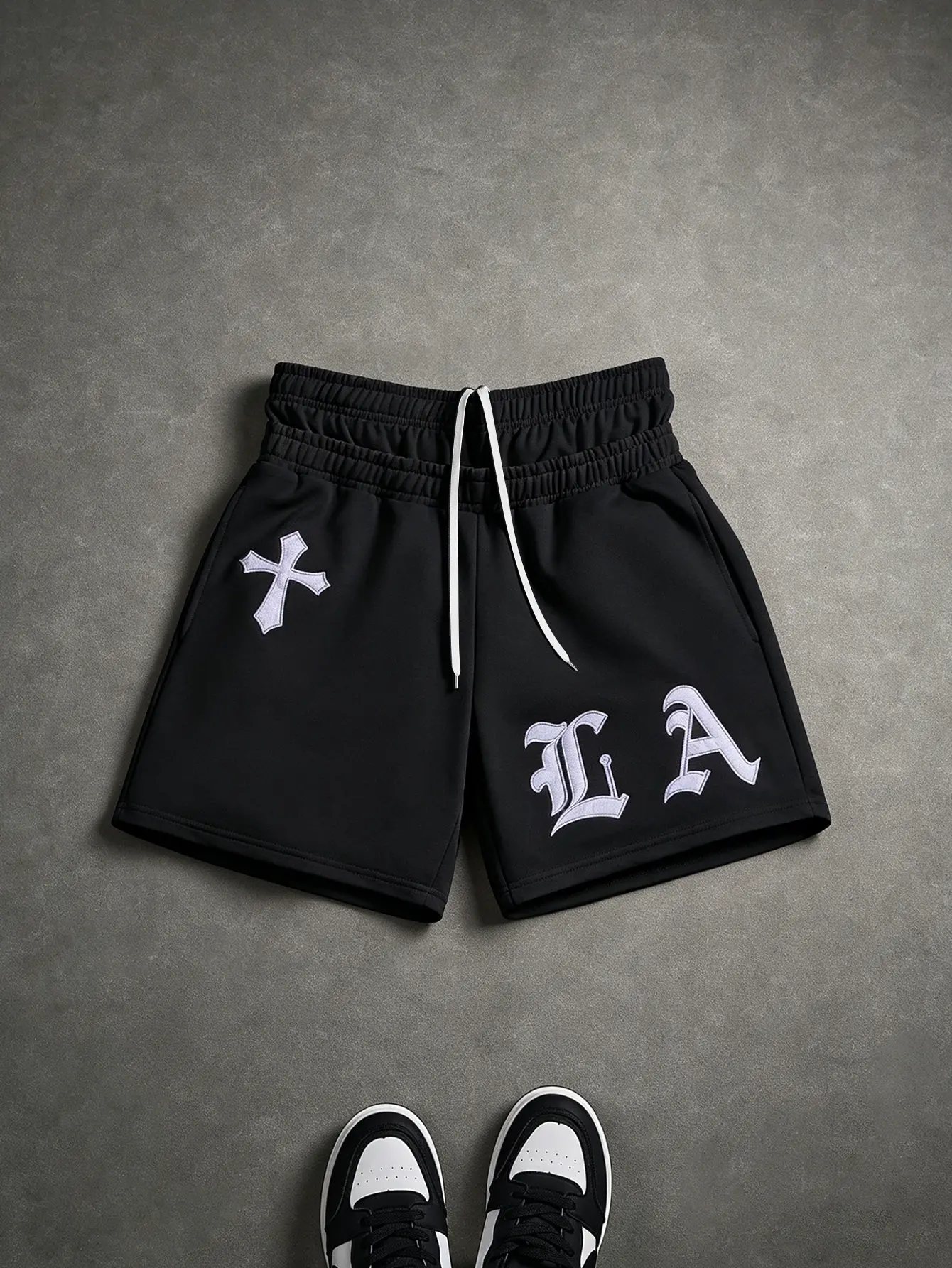 Unisex pink sweat shorts, 5", LA Gothic cross embroidery — double layer elastic waistband, thick white drawstring, side pockets, skin friendly knit, West Coast high street style for gym, streetwear, and couples’ outfits