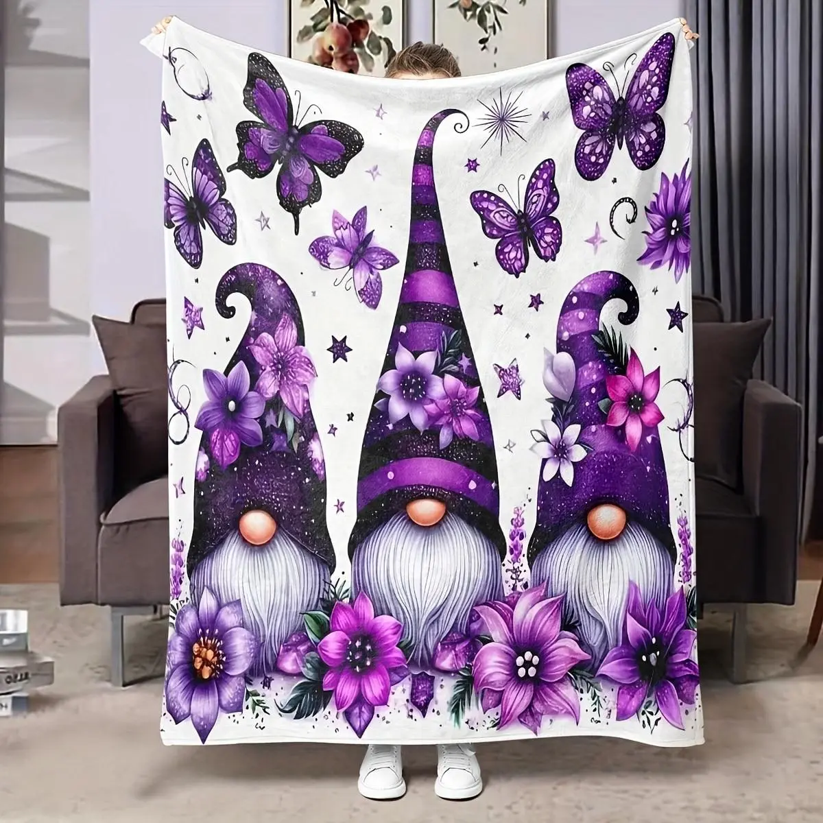 Gnome & Butterfly Pattern Flannel Blanket, Soft Warm Throw Blanket, Air-conditioned Room Blanket, Warm Nap Blanket for Home Office Travel Camping, Soft Comfy Blanket